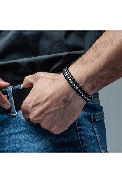 NO BRAND Serasar, brățară din piele pentru bărbați, argintie, 20 cm