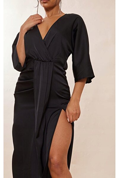 NO BRAND Rochie Midaxi din satin negru, cu mânecă 3/4, clasică, Prettylittlet...