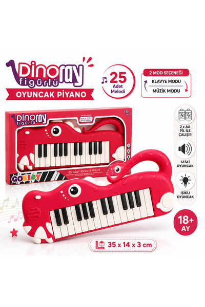 Gokidy Dino org Figürlü Işıklı Sesli Oyuncak Piyano 25 Melodi 18+ Ay