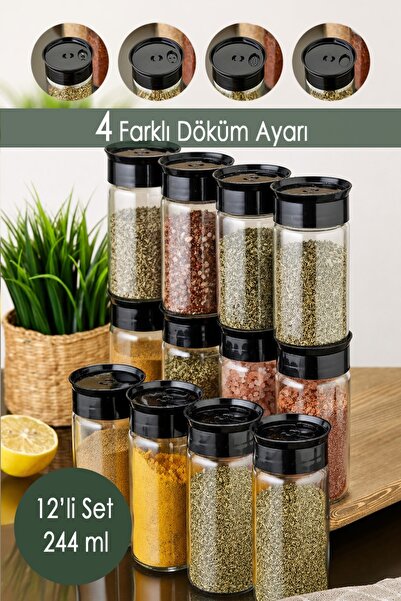 Ezupack Cam Baharatlık Siyah Kapaklı 4 Farklı Dökme Ayarlı 12'Li Set 244 Ml