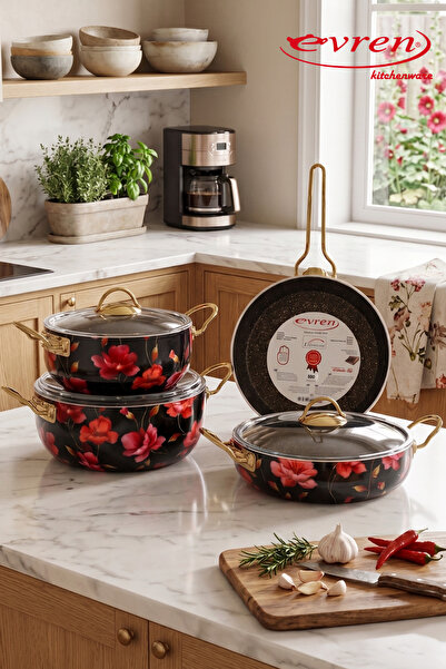 EVREN MUTFAK Evren, 7 Parça Gelincik Desen Granit Tencere Seti Non-Stick Yapı...