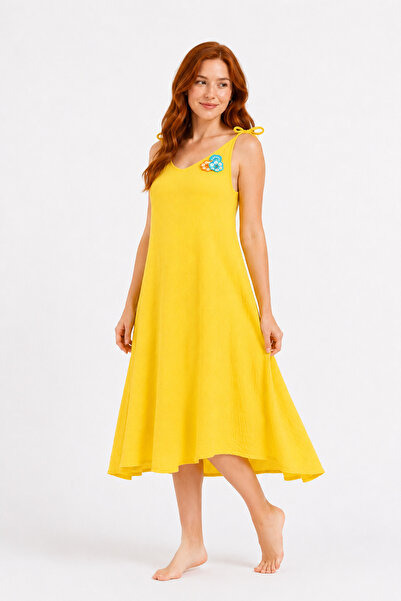 pintiorg Women's Muslin Oversize V-Neck Cutout One Size Summer Dress Yellow
