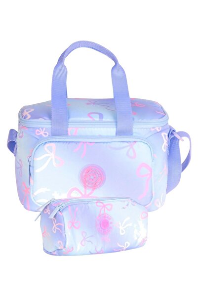 KAUKKO Girl's Blue Bow Printed Lunchbox and Pen Holder Set - Setkk-K1883