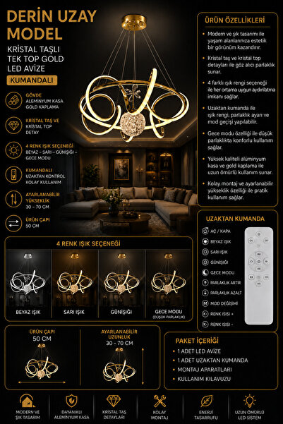 mubeda aydınlatma Derin Uzay Model Kristal Taşlı Tek Toplu Gold LED Avize - 4...