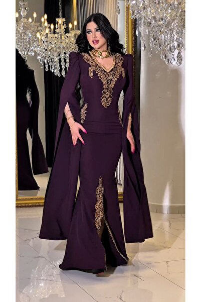 ZENABİYEM Zena Fashion Nakış İşlemeli Pelerin Kollu Balık Abiye Elbise