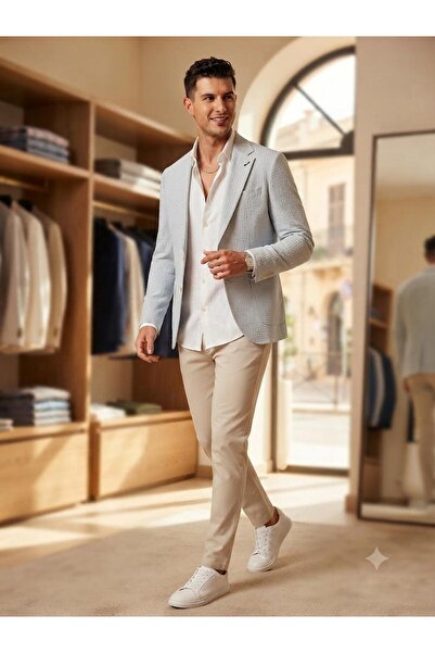 MY DEDE Klasik slim fit dar kesim buz mavisi kendinden dokulu spor erkek ceket