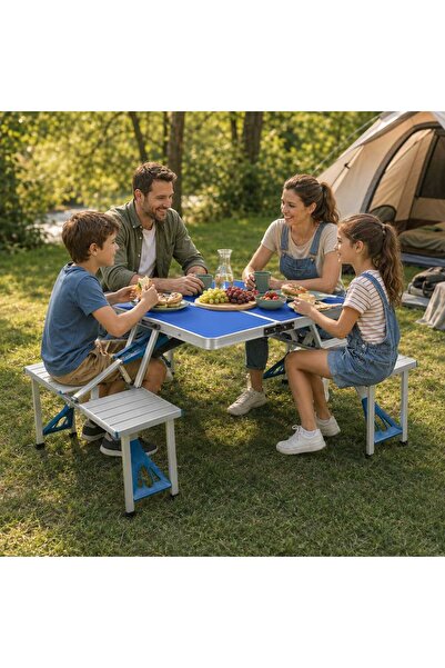 Generic Brand Masa Pliabila Camping cu 4 Scaune Integrate, Tip Valiza, Blat HDF, Albastru, 85,5 x 65,5 cm
