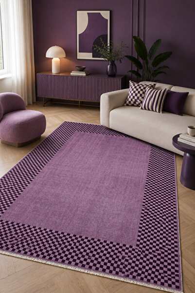 Fuly Consept Home Design Mürdüm Lila Damalı Bordürlü Modern Halı Geometrik Sa...