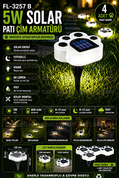 CNGZSHOP FL-3257B 5W 6500K Beyaz Solar Pati Çim Armatürü 4'lü Set IP67 Su Geç...