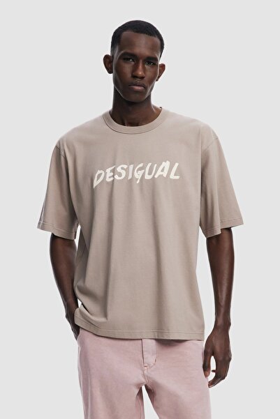 Desigual Tricou bărbați din bumbac cu logo imprimat, bej