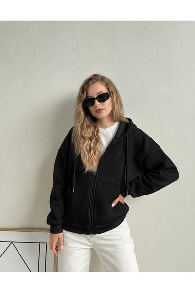 YAKAMEL KADIN 3 İPLİK KAPÜŞONLU FERMUARLI OVERSİZE SWEATSHIRT HIRKA
