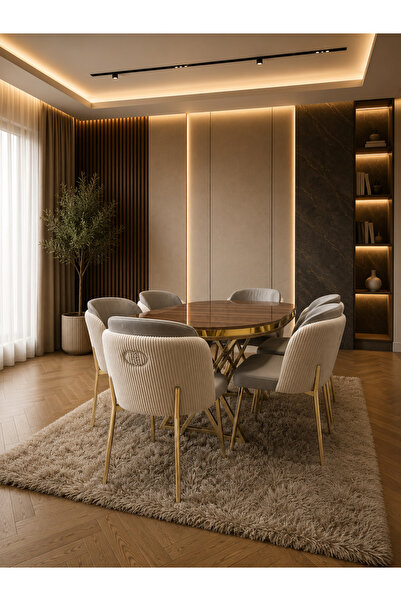 Concept Ayz Home Lara Gold Serisi Krem-A.Gri Kumaş 6 Kişilik 90×168 Oval Cevi...