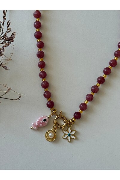 BEAD BERRY Doğal Taş Görünümlü Boncuk Kolye – Balık, Midye ve Çiçek Charm Det...