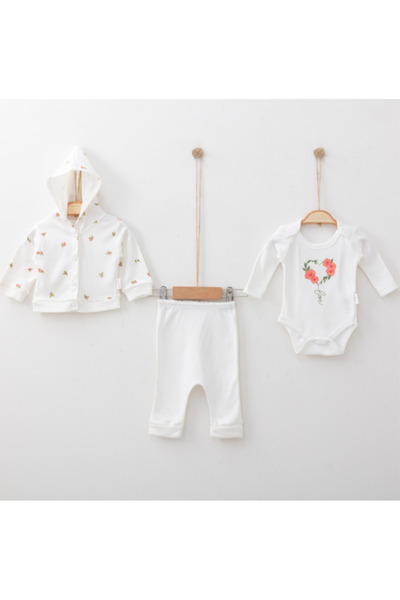 BabyWings طقم هودي بناتي مطبوع عليه زهور مكون من 3 قطع 100% قطن