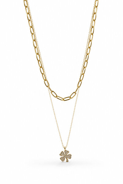 Jack Ferrero Layered Yellow Chain Necklace with Clover Figure and Stone Detai...