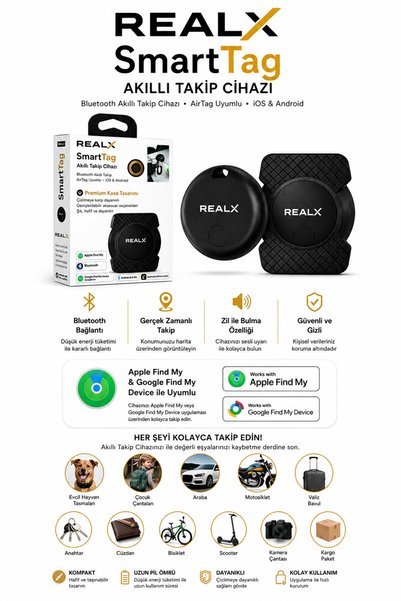 Realx Akıllı Takip Cihazı iOS&Android Uyumlu Konum Bulucu Araç , Çoçuk , Evcil Hayvan Takibi