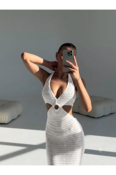 Bernato Knitted Beach Dress Halter Neck Backless Midi Length Summer Women's D...