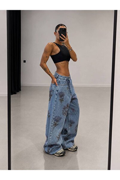 DENİKK Trend Special Design Flower-Patterned Wide-Leg Palazzo Denim Jeans - T...