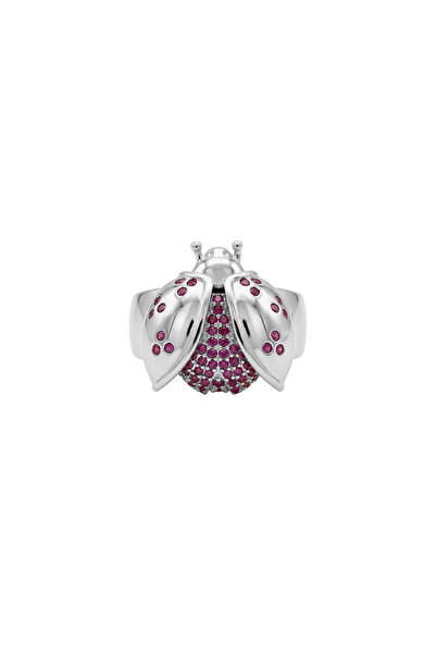 Charmist Steel Ladybug Figured Ring with Stone Detail Silver