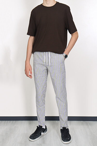 Daniel Voi Men's Striped Elastic Waist Lace-Up Trousers - Navy Blue
