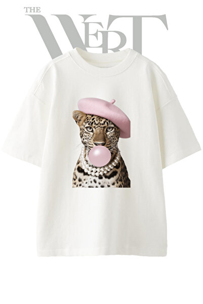 THEWERT Tricou supradimensionat alb unisex cu imprimeu Leopard Beret Gum Design