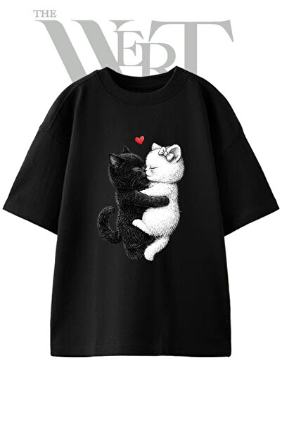 THEWERT Cat Opusme Design Printed Unisex Black Oversize T-Shirt