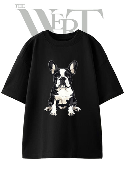 THEWERT تي شيرت French Bulldog_2 مطبوع بتصميم فرنسي أسود كبير الحجم للجنسين