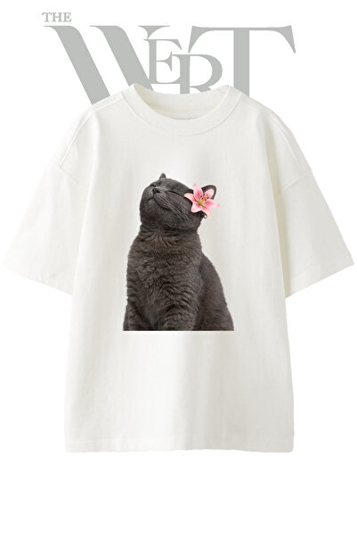 THEWERT Tricou oversize alb unisex cu imprimeu Grey Cat Lily Design