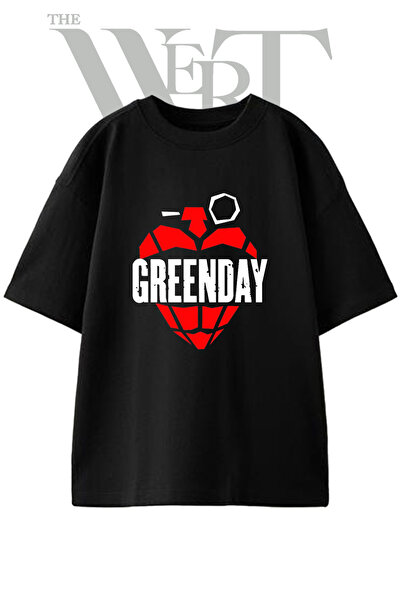 THEWERT تي شيرت أسود كبير الحجم مطبوع بتصميم Green Day للجنسين