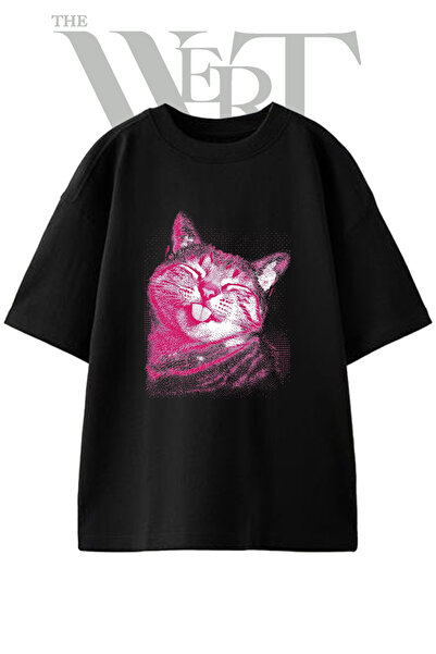 THEWERT Μπλουζάκι Unisex με στάμπα Cat Blepping Design, μαύρο, oversized
