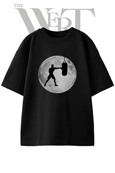 THEWERT Boxer Moon Design Printed Unisex Black Oversize T-Shirt