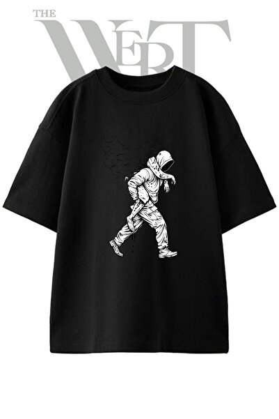 THEWERT Μπλουζάκι με κουκούλα Burden Design με στάμπα, Unisex, Μαύρο, Oversize