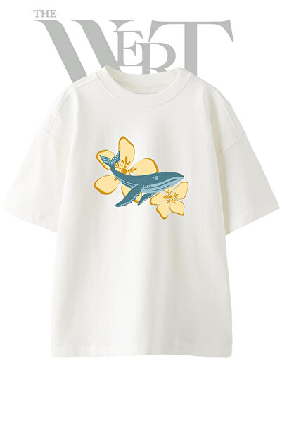 THEWERT Tricou oversize alb unisex cu imprimeu Whale Cicek Design