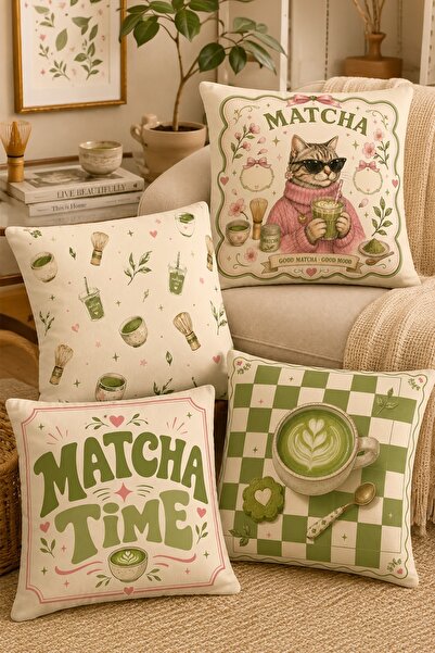 EVPANYA Matcha İçen Kedi Desenli 4'Lü Kırlent Kılıfı Seti