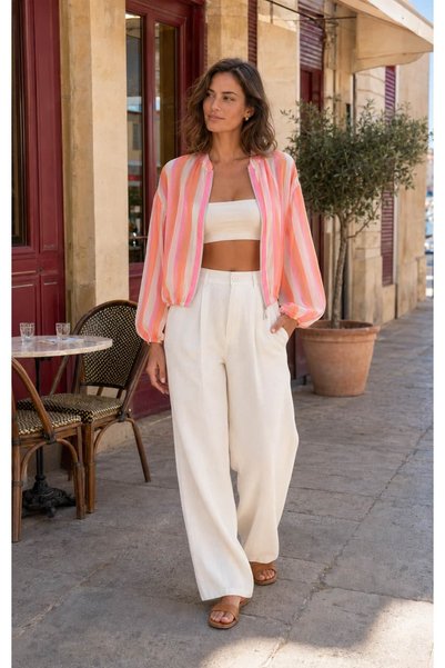 GLAMMOSS L'Atelier Solara Striped Balloon Sleeve Zippered Crop Jacket