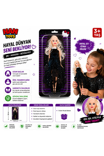 Han toys Style Moda Bebek – Siyah Elbiseli Şık Oyuncak Bebek