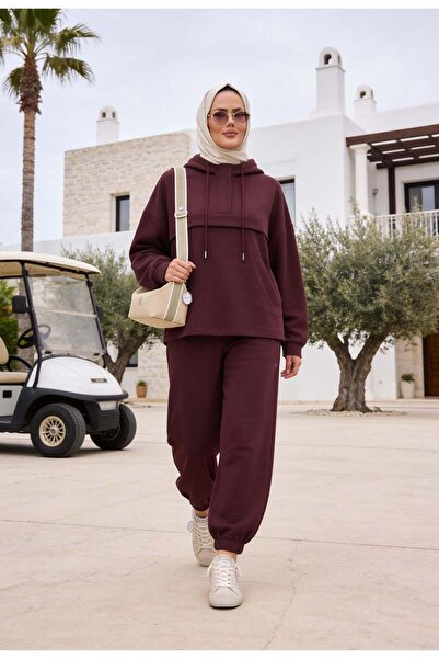 Aselim Hijap Moda Kanguru Cepli Modal Eşofman Takımı – Kapüşonlu -Mürdüm