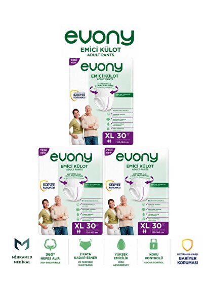 Evony Emici Külot Yetişkin Hasta Bezi XL 30 Lu 3 Paket