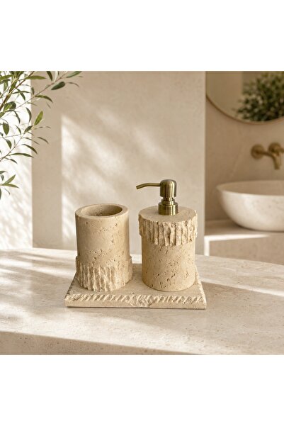 LİSPERA Travertine Marble Polished and Aged Metal Bathroom Set with Metal App...