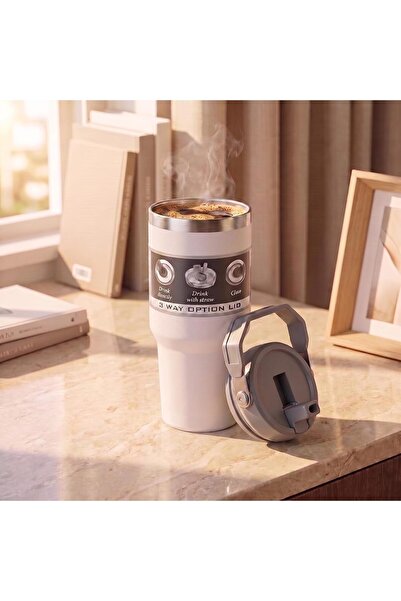Taimi 600ML Stainless Steel Travel Mug with Handle, Straw, Leakproof Lid, White