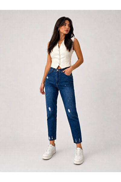 SHEVEGA Pantaloni din denim Mom Jean, stil boyfriend, albastru marin, cu tali...
