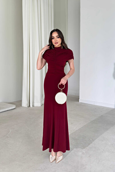 Nika Fashion Kadın Drapeli Yüksek Yaka Balık Model Maxi Boy Elbise