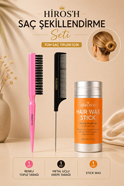HİROS'H Premium Topuz Fırçası Renkli Stick Wax ve Metal Uçlu Krepe Tarak Seti...