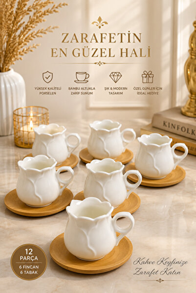 YzHome 6 Kişilik 12 Parça Bambu Tabaklı Beyaz Porselen Sarmaşık Kahve Fincan ...