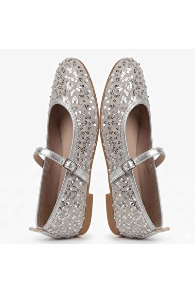 Barinoska Dunte Women's Silver Sequined Belted Ballerina Shoes Mary Jane Mode...