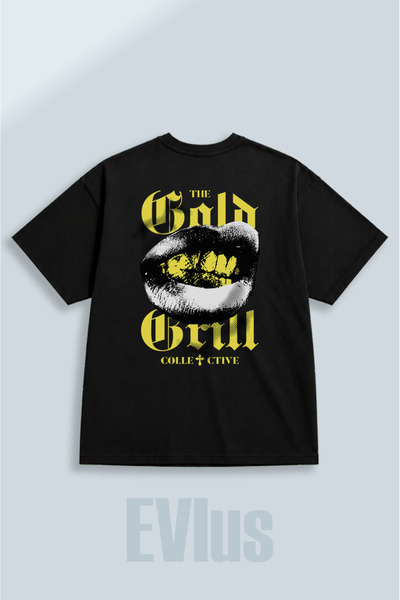 EVIus Tricou negru supradimensionat, cu imprimeu Gold Grill, 100% bumbac, cu ...