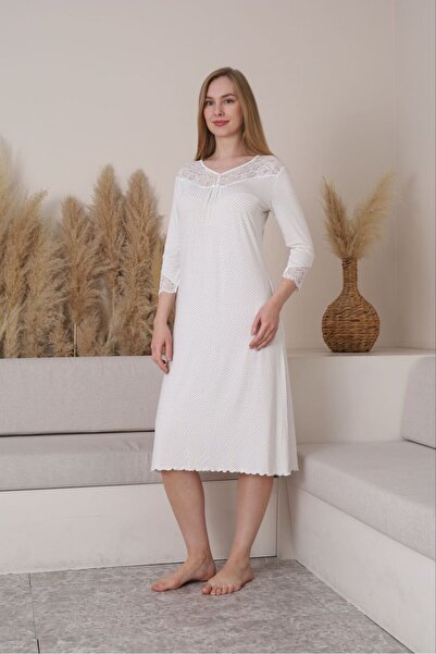 BLACKMORE Women's Ecru Jacquard Nightgown with Lace Sleeves and Collar, 100% ...