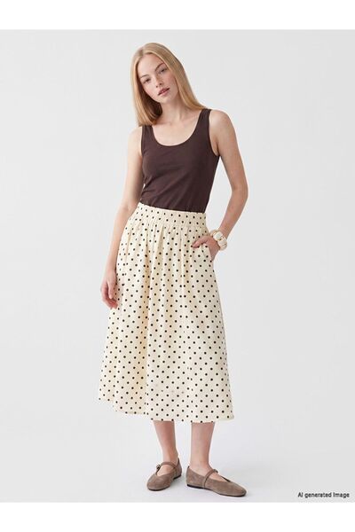 LC Waikiki Xside Ecru Polka Dot Poplin Skirt with Elastic Waist