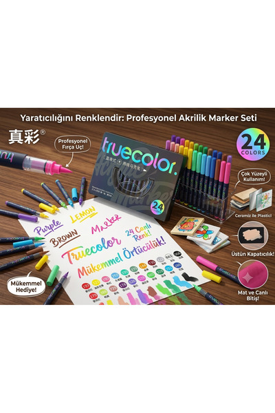 Ümraniye Hobi Sanat Truecolor 24'lü Fırça Uçlu Akrilik Brush Marker Seti Özel...