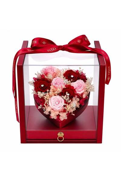 velve Aranjament floral de lux forma de inima cu 7 trandafiri criogenati,in c...